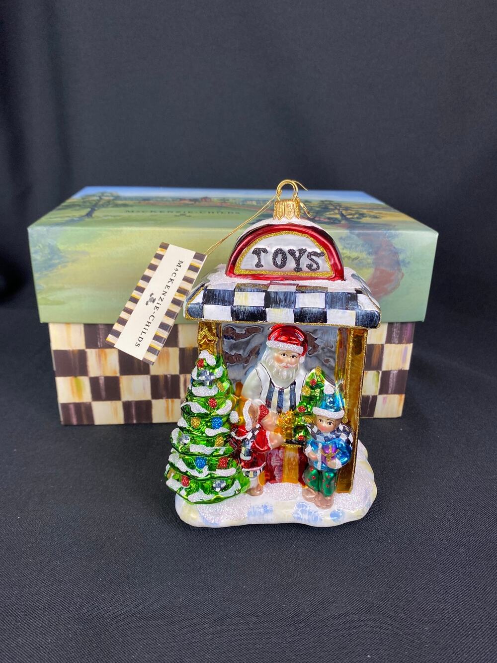 MacKenzie Childs SANTA TOY SHOP Glass Christmas Ornament 6.5 Inch NIB